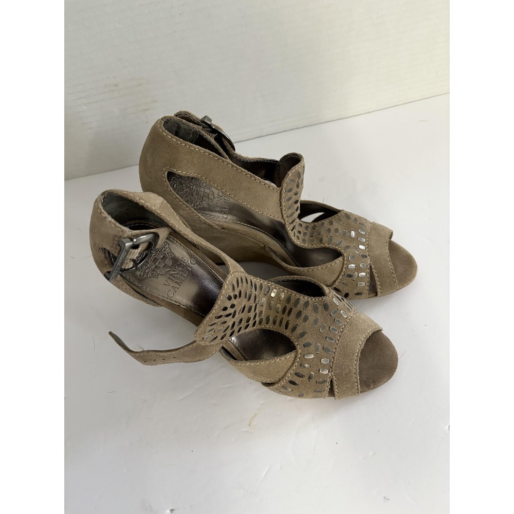 Vince Camuto‎ Shoes Womens Size 5.5 Suede Wedge Sandals Cutout Peep Toe Buckle